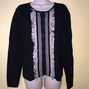 CABI Black cardigan fringed sweater/cotton/5%cashm